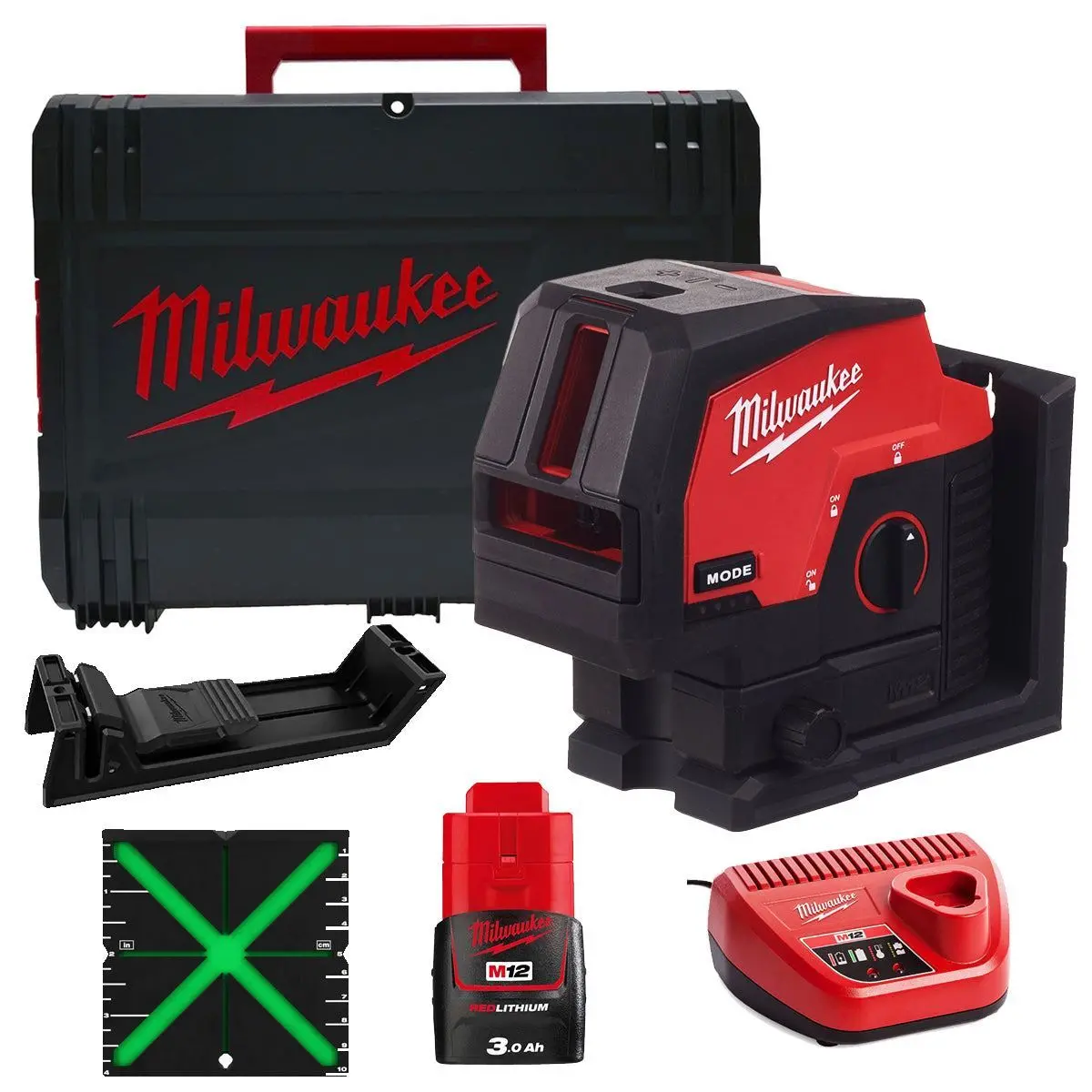 Milwaukee M12cllp-0 12V Green Cross Line 2 Plane Laser 360° With 1 X 3.0Ah Battery Charger & Case 1