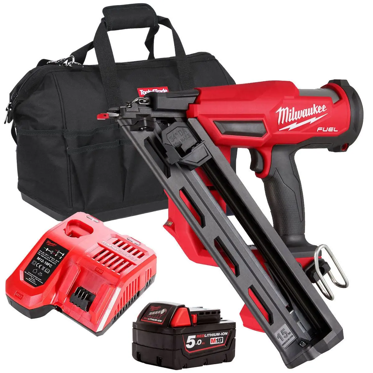Milwaukee M18fn15ga-0 18V Brushless Angled Finish Nailer 15Ga With 1 X 5.0Ah Battery Charger & Bag 1