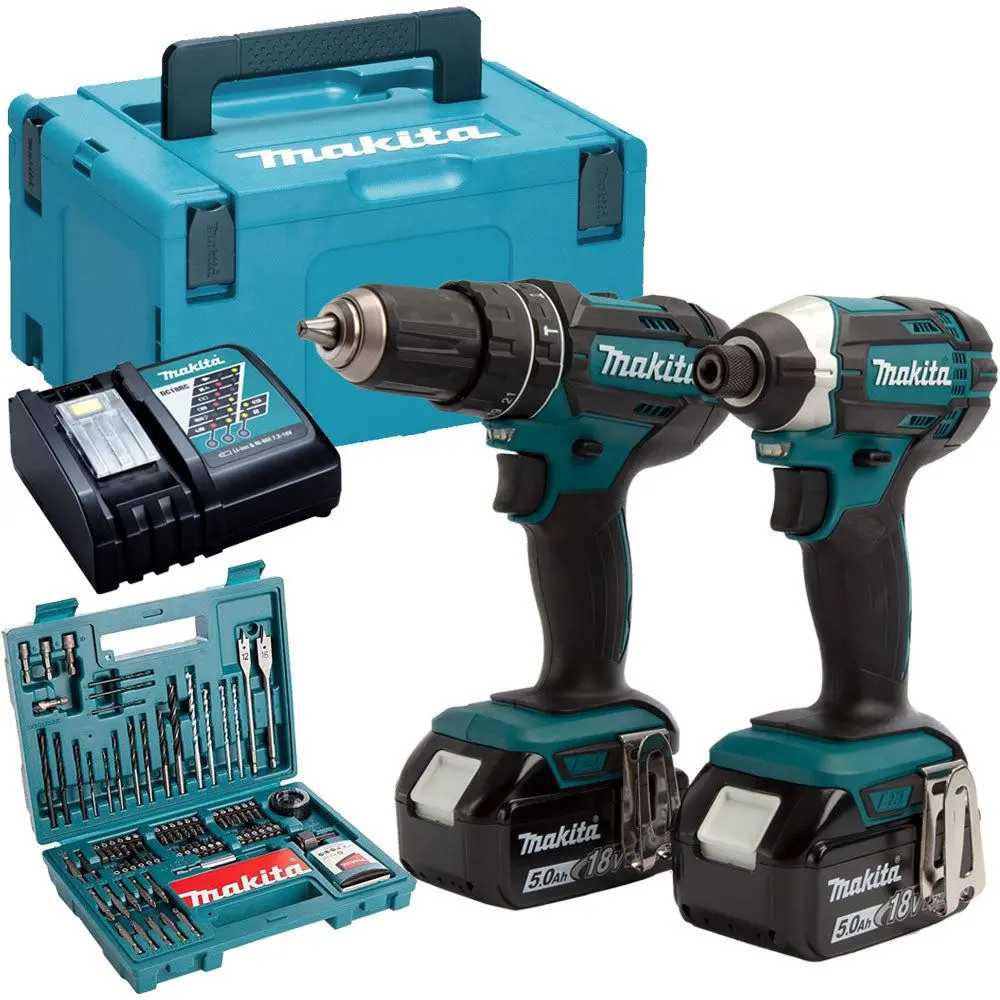 Makita Dlx2131tj 18V Lxt Twin Kit 2 X 5.0Ah Batteries With 100 Piece Drill Set 1
