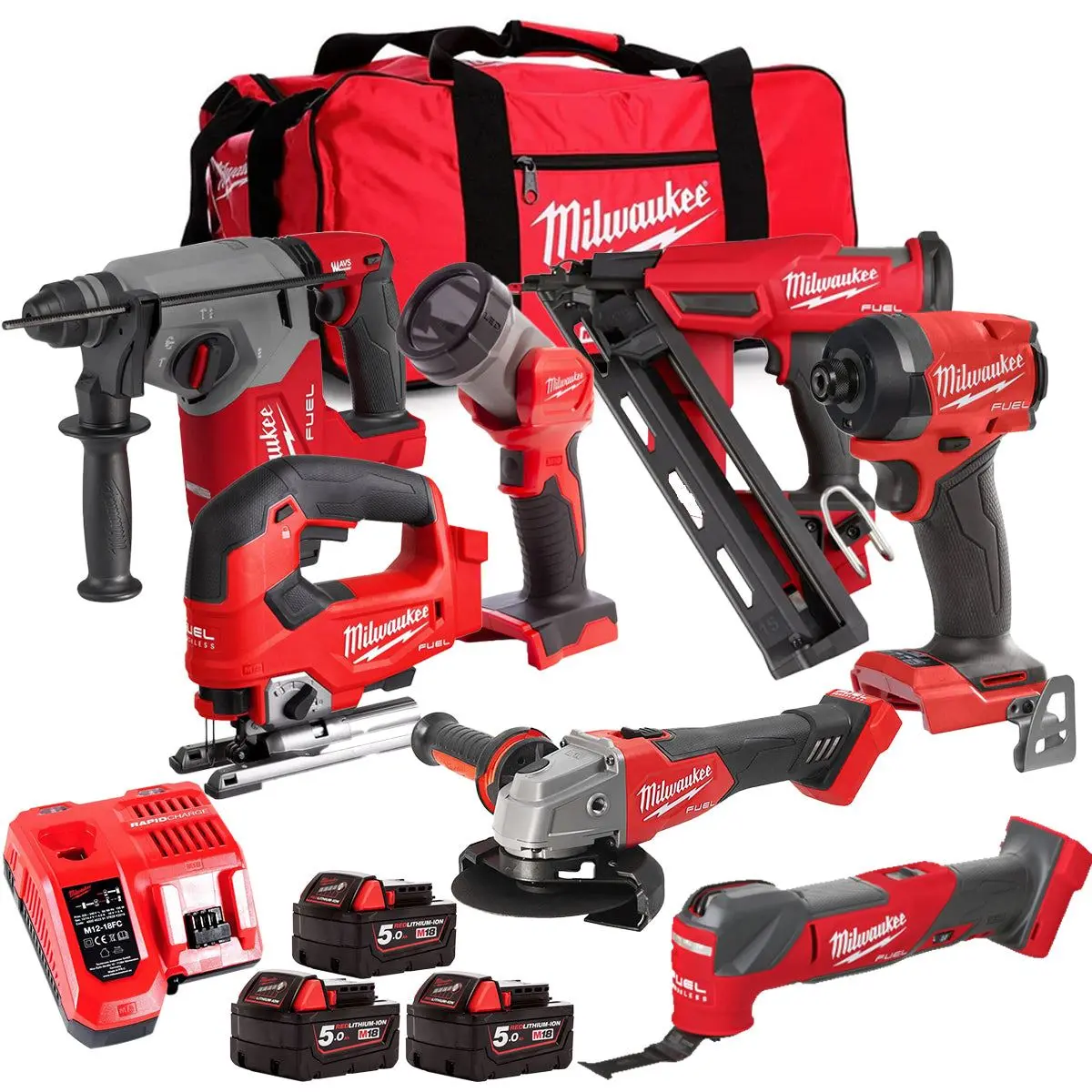Milwaukee M18fpp6l3-503Bk16 18V Brushless 7 Piece Tool Kit With 3 X 5.0Ah Batteries Charger & Wheeled Bag 1