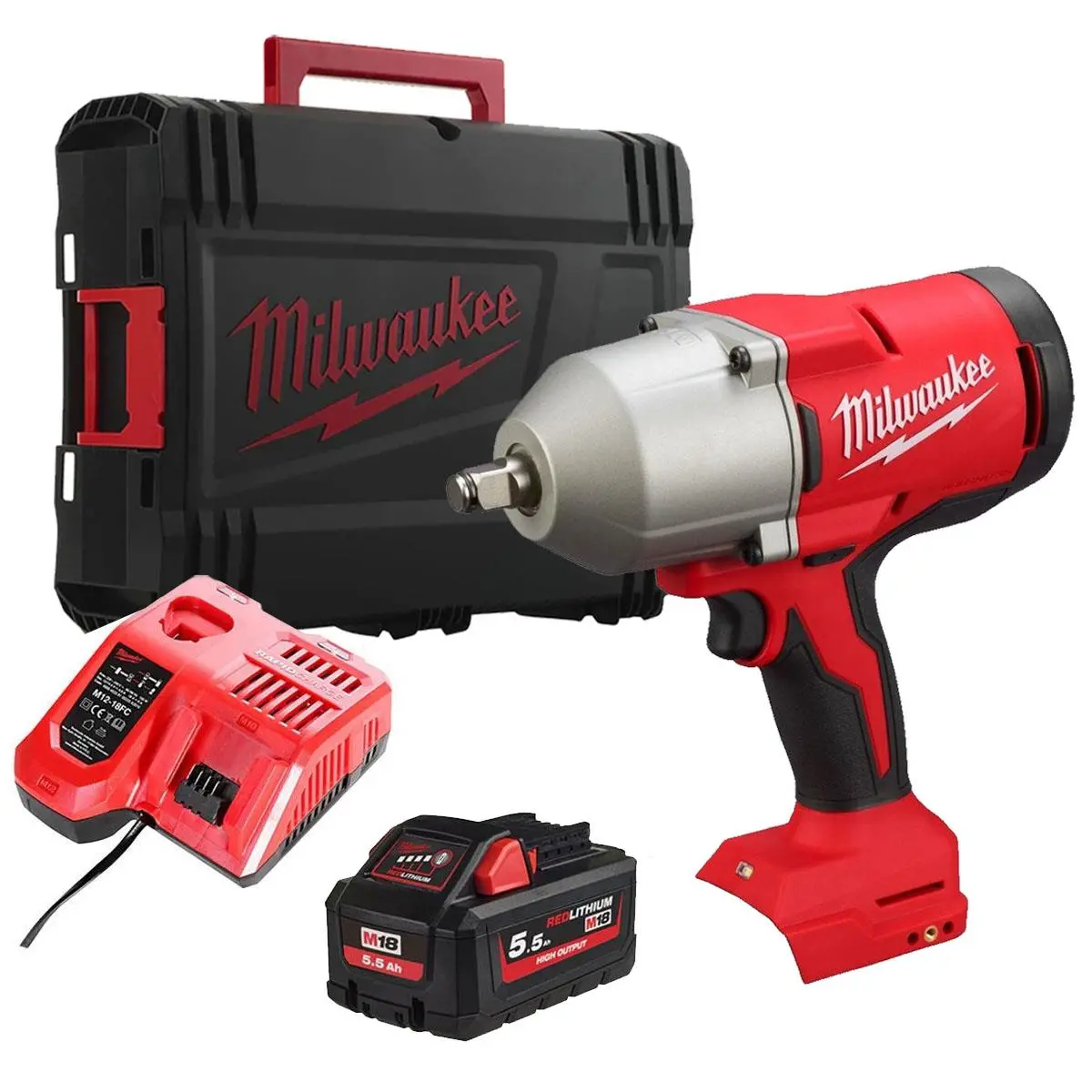 Milwaukee M18blhiwf12-0X 18V Brushless 1/2" High Torque Impact Wrench With 1 X 5.5Ah Battery Charger & Case 1