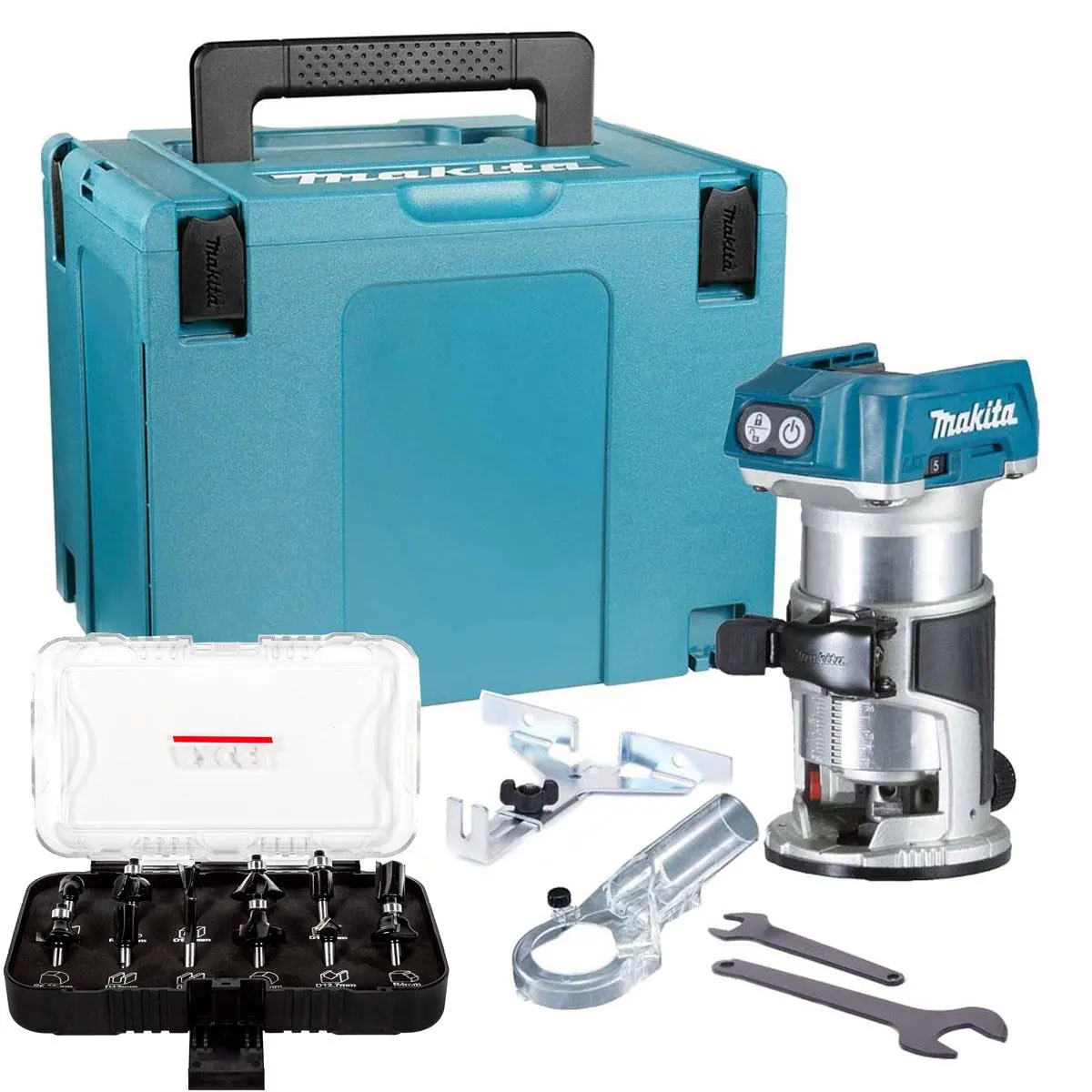 Makita Drt50zj 18V Brushless 1/4 Router Trimmer Case + 12 Pcs Router Cutter Set 1