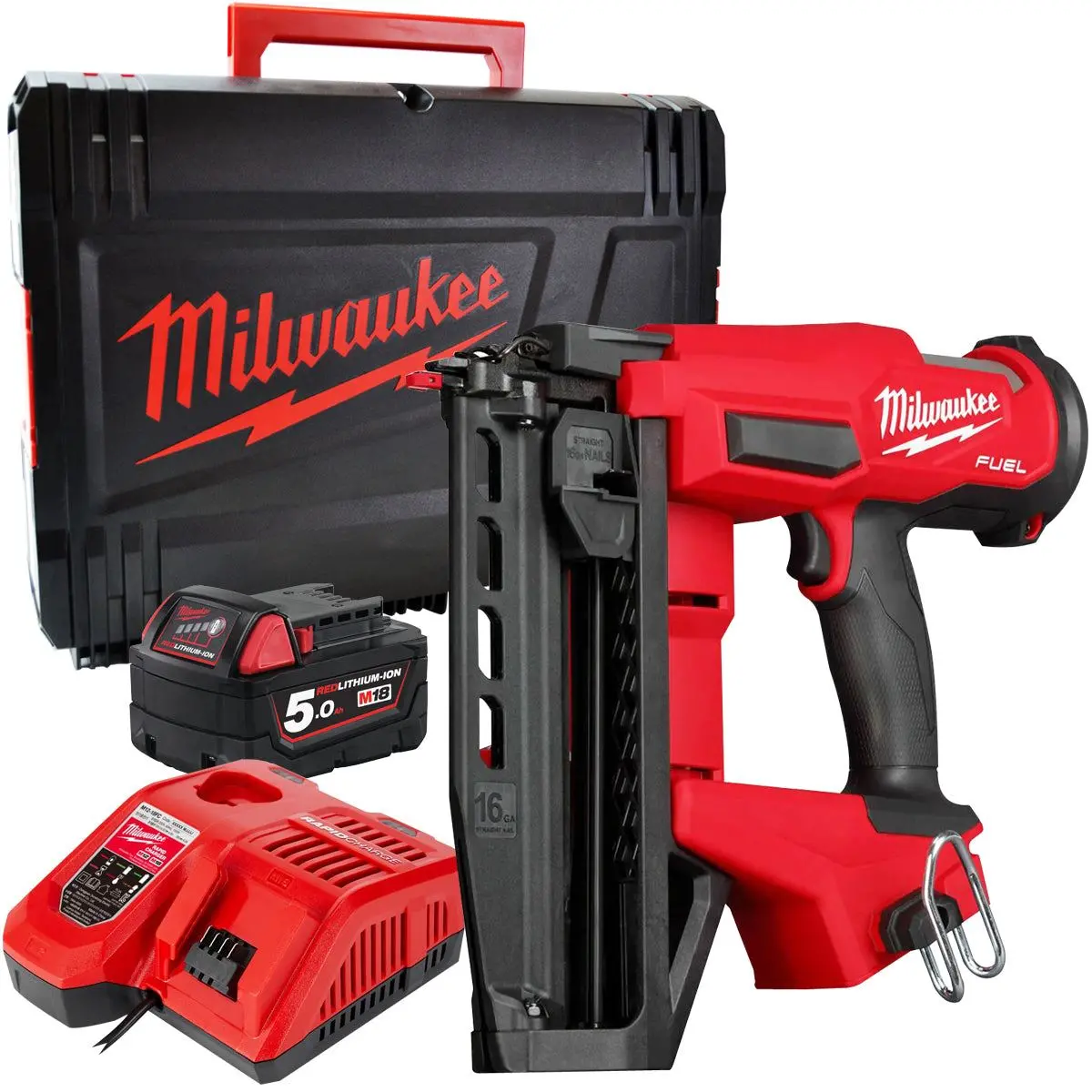 Milwaukee M18fn16gs-0X 18V Fuel Brushless 16G Straight Finish Nailer With 1 X 5.0Ah Battery Charger & Case 1