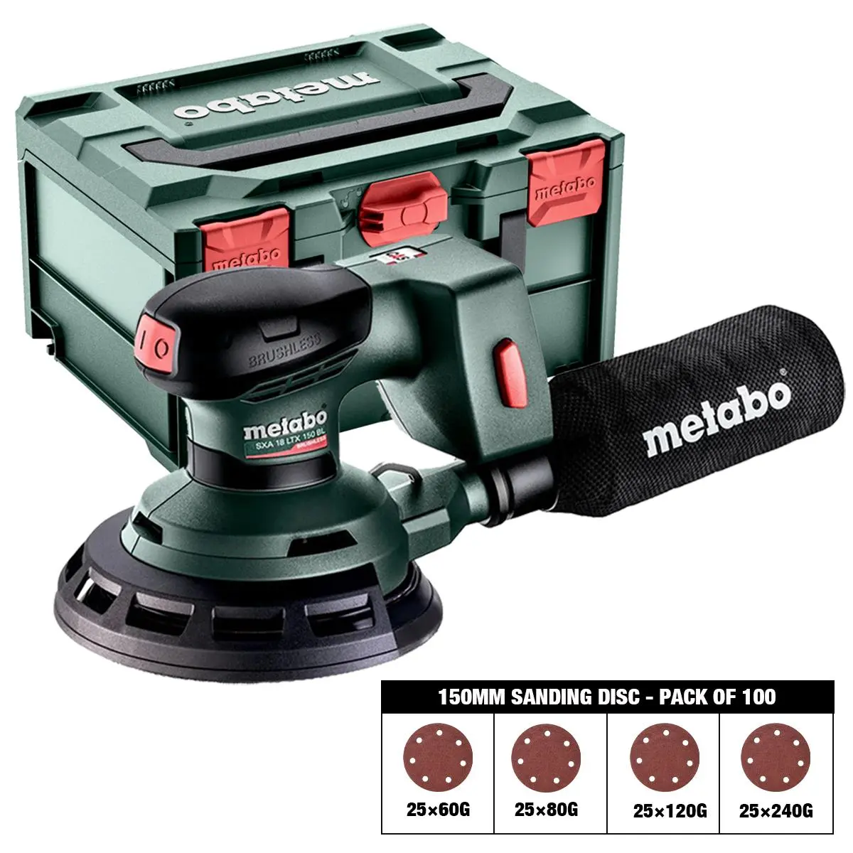 Metabo Sxa 18 Ltx 150 Bl 18V Brushless 150Mm Random Orbital Sander With Sanding Disc 60G, 80G, 120G, 240G Pack Of 100 1