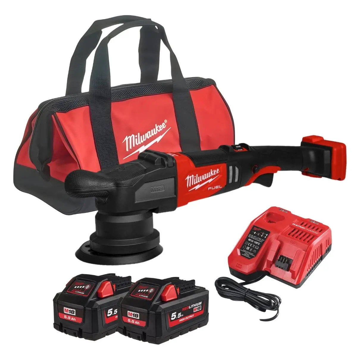 Milwaukee M18frop15-0 18V Brushless 125Mm Random Orbital Polisher With 2 X 5.5Ah Battery Charger & Bag 1