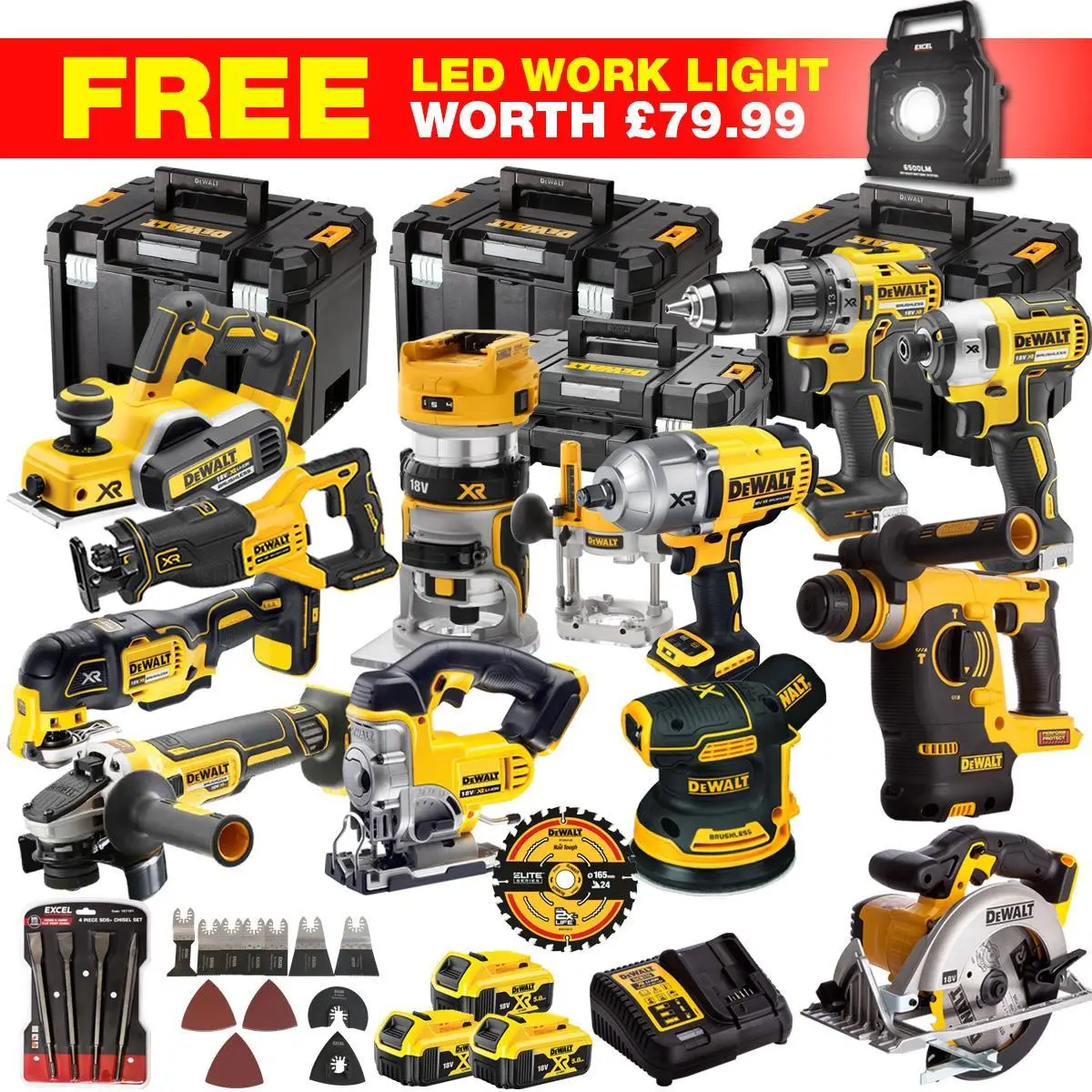 Dewalt Dckt4t13wlf 18V Xr 13 Piece Power Tool Kit With 3 X 5.0Ah Batteries, Accessories Set & Toughsystem Box 1
