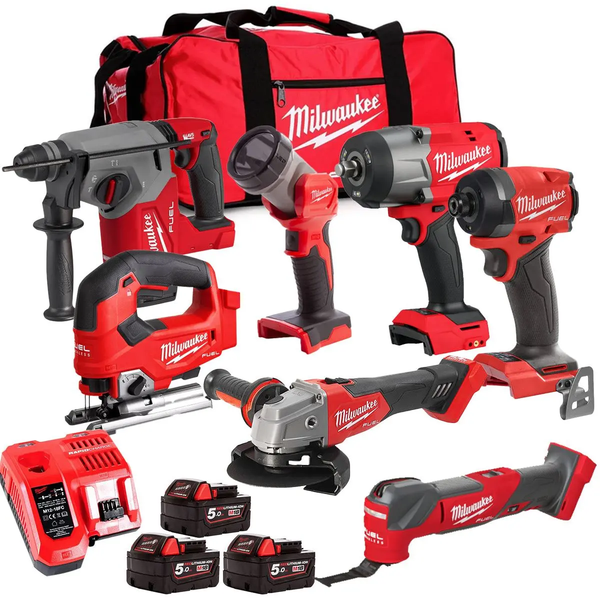 Milwaukee M18fpp6l3-503Bk20 18V Brushless 7 Piece Tool Kit With 3 X 5.0Ah Batteries Charger & Wheeled Bag 1