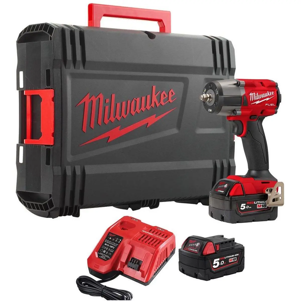 Milwaukee M18fmtiw2f38-502X 18V Fuel Brushless 3/8" Impact Wrench With 2 X 5.0Ah Batteries Charger & Case 4933479405 1