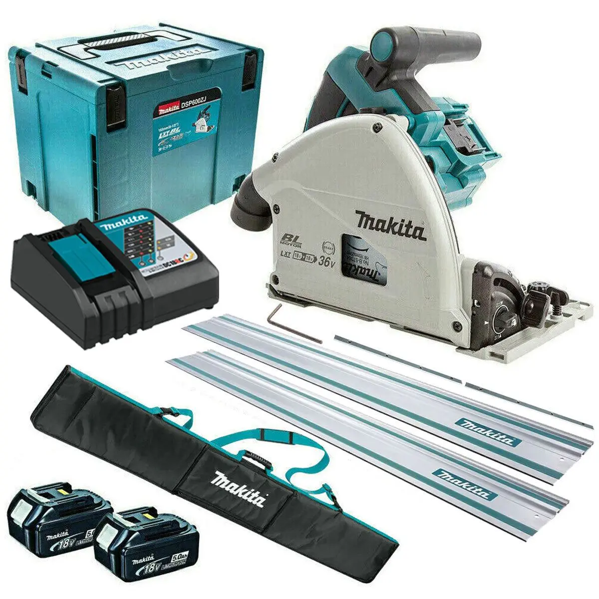 Makita Dsp600zj 36V Brushless 165Mm Plunge Saw With 2 X 5.0Ah Battery & Charger + Accessories 1