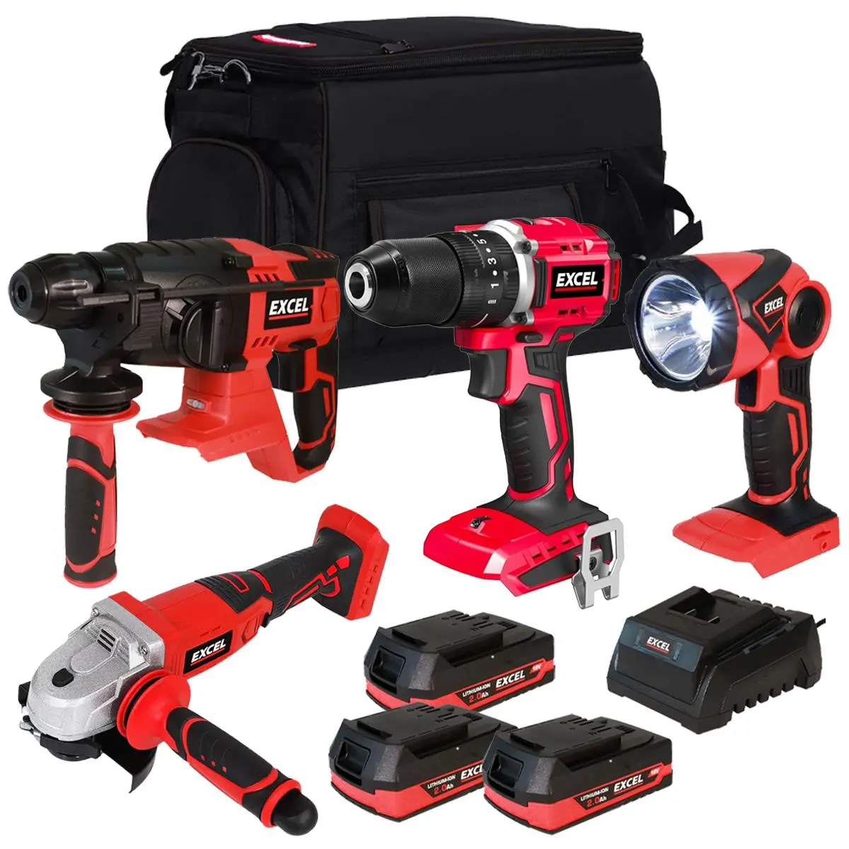Excel 18V 4 Piece Cordless Power Tool Kit With 3 X 2.0Ah Batteries Charger & 20" Bag 1