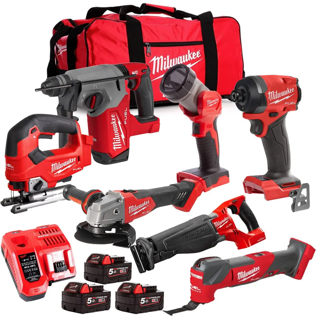 Milwaukee M18fpp6l3-503Bk5 18V Brushless 7 Piece Tool Kit With 3 X 5.0Ah Batteries Charger & Wheeled Bag 1