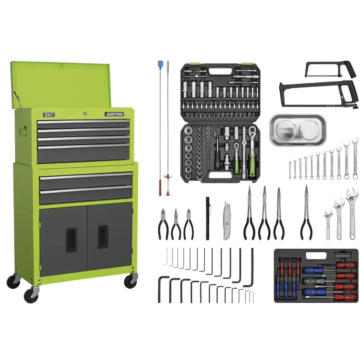Sealey Ap2200combohv 6 Drawer Topchest & Rollcab Combination With Ball-Bearing Slides - Hi-Vis Green/Grey & 170Pc Tool Kit 1