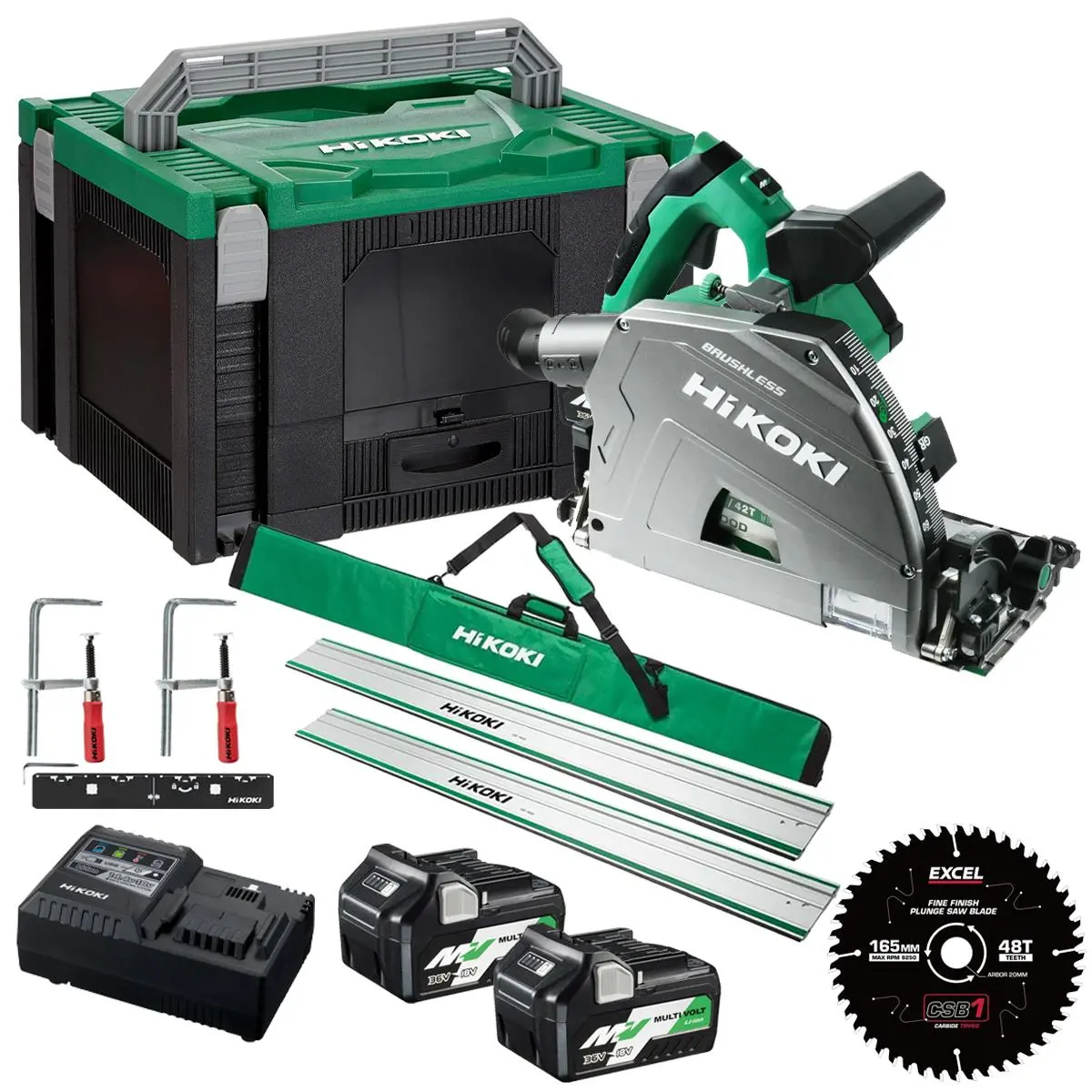 Hikoki C3606dpajvz 36V Multivolt Brushless 165Mm Plunge Saw With 2 X 4.0/8.0Ah Batteries With Guide Rail Kit & Blade 1