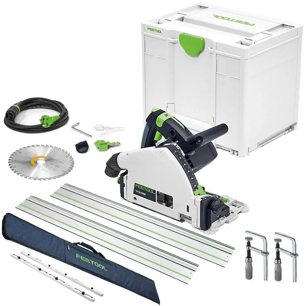 Festool Ts 55 Febq-Plus 230V Gb 160Mm Circular Plunge-Cut Saw - 576706 With 2 X Guide Rail, Connector, Clamp & Bag 1