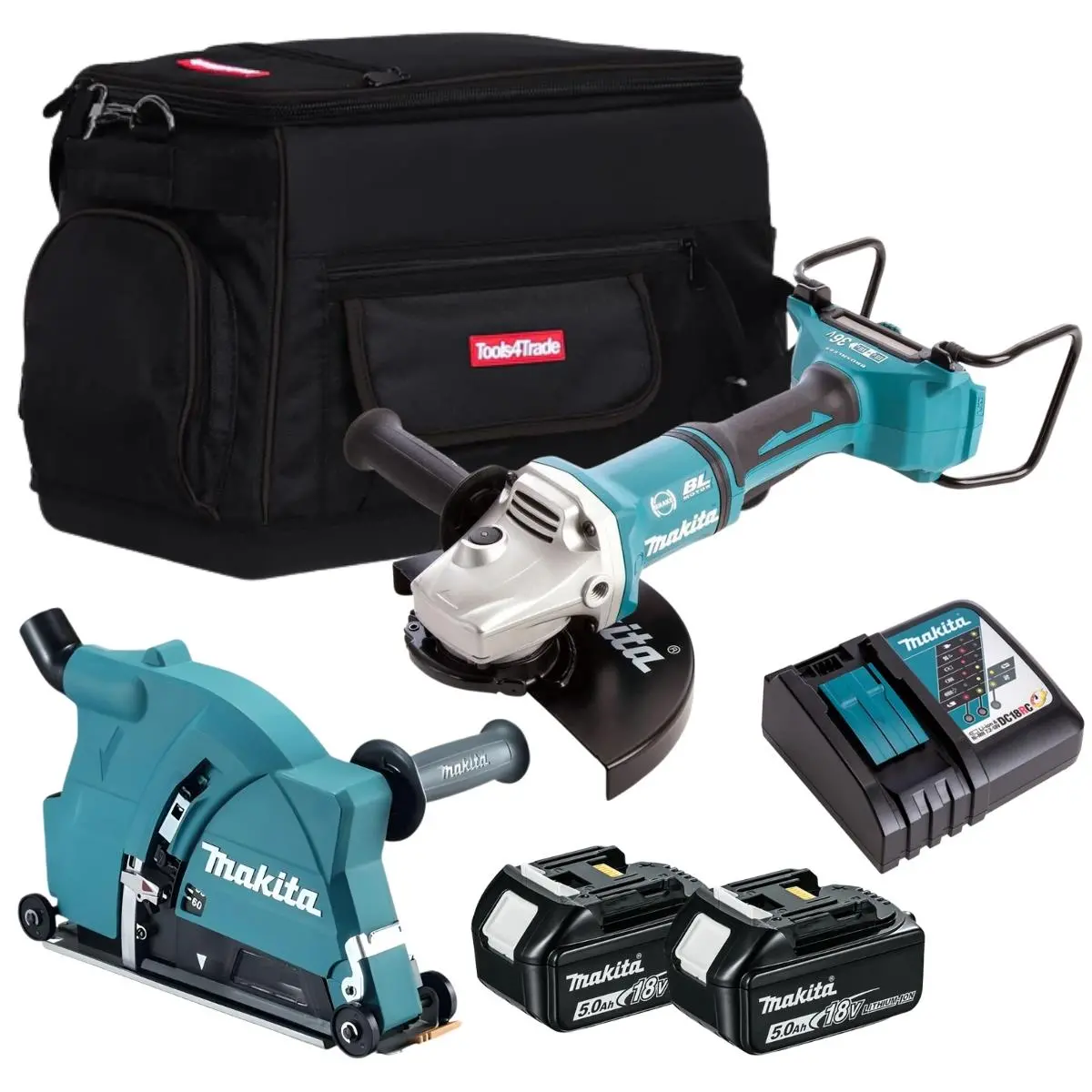 Makita Dga900z 36V Brushless Angle Grinder With 2 X 5.0Ah Battery Charger, Bag & Dust Collecting Wheel Guard 1