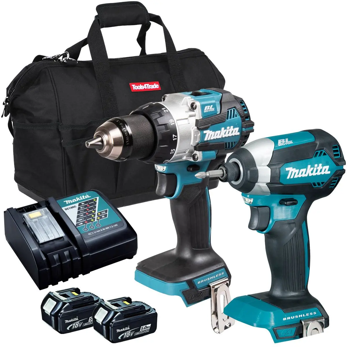 Makita 18V Brushless Impact Driver & Combi Drill With 2 X 5.0Ah Battery & Charger T4tkit-17180 1