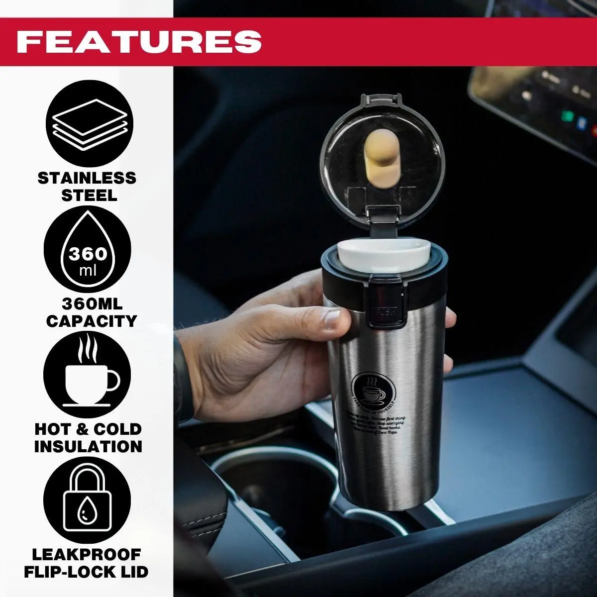 Tools4trade Stainless Steel Thermal Coffee Mug - Silver (360Ml) 2