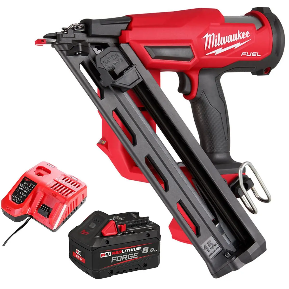 Milwaukee M18fn15ga-0 18V Brushless Angled Finish Nailer With 1 X 8.0Ah Battery & Charger 1