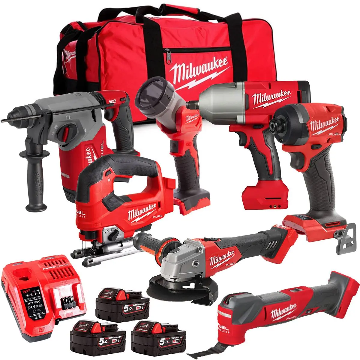 Milwaukee M18fpp6l3-503Bk11 18V Brushless 7 Piece Tool Kit With 3 X 5.0Ah Batteries Charger & Wheeled Bag 1