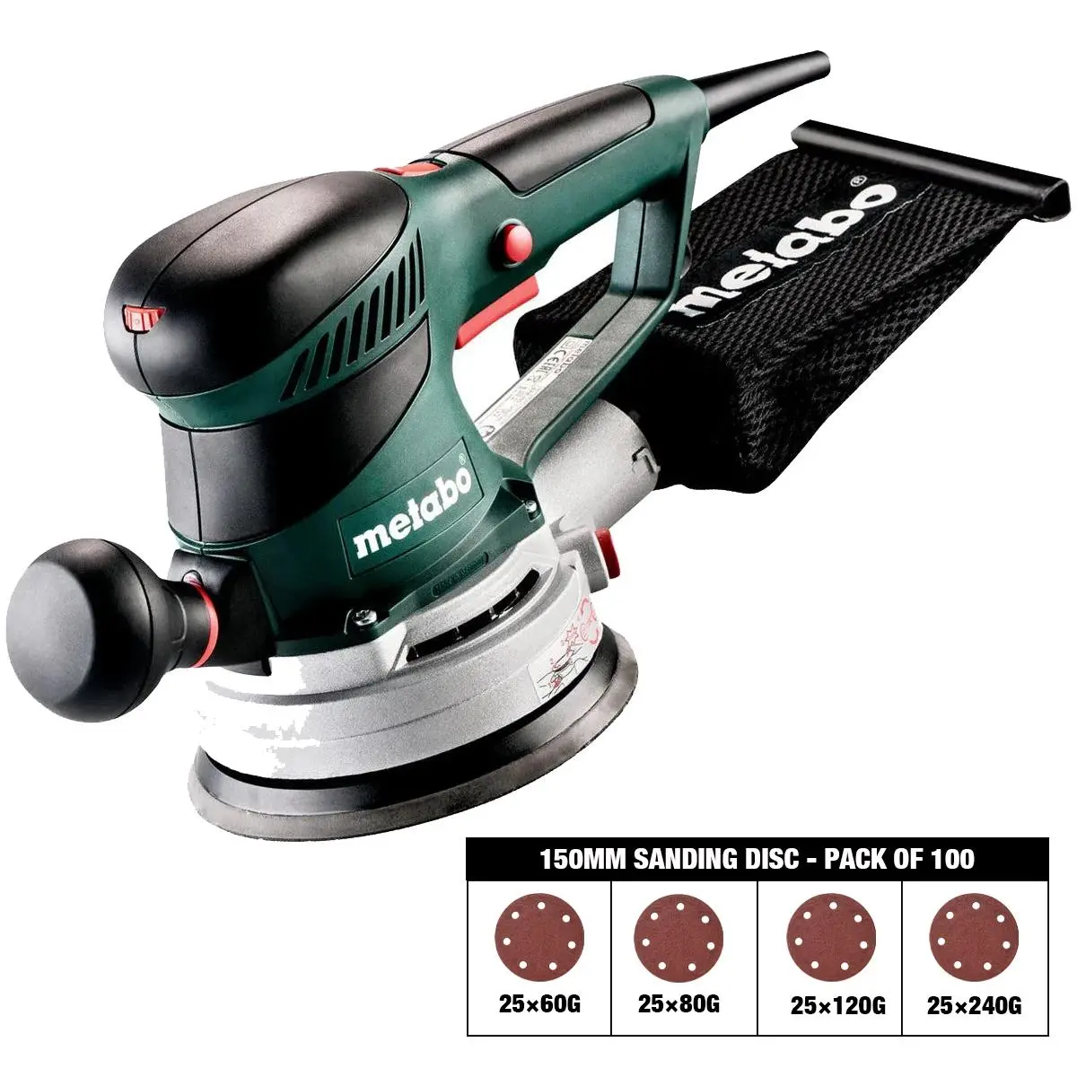 Metabo Sxe 450 Turbotec 150Mm Random Orbital Sander 110V 600129390 With Sanding Disc 60G, 80G, 120G, 240G Pack Of 100 1