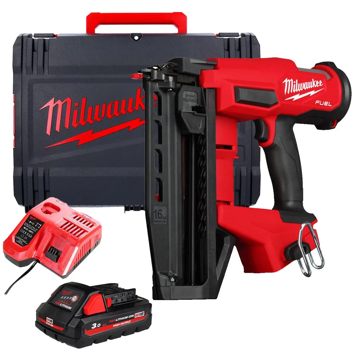 Milwaukee M18fn16gs-0X 18V Brushless 16G Straight Finish Nailer With 1 X 3.0Ah Battery Charger & Case 1