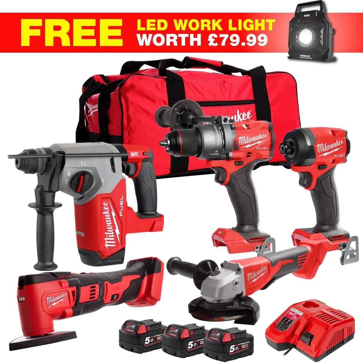 Milwaukee M18fpp6t2-502Bwlf6 18V 6 Piece Power Tool Kit With 3 X 5.0Ah Batteries Charger & Wheeled Bag 1