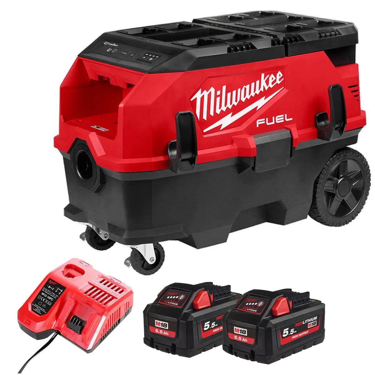 Milwaukee M18onef2vc34m-0 18V Dual Battery Brushless Dust Extractor With 2 X 5.5Ah Battery & Charger 1