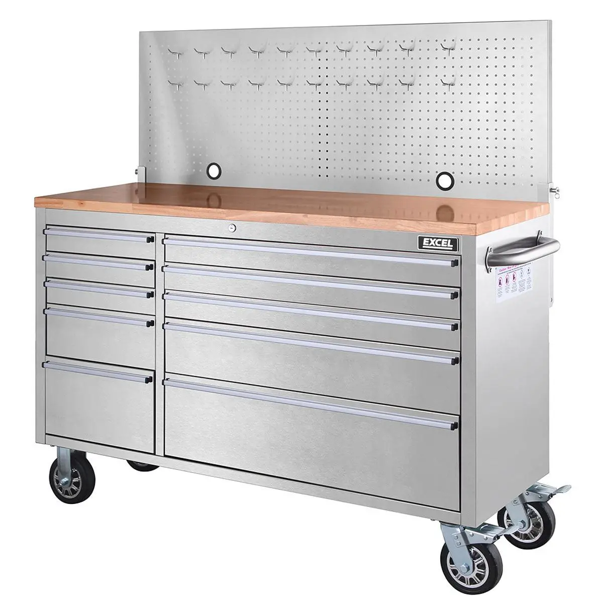 Excel Stainless Steel 10 Drawer Roller Tool Cabinet & Workbench With Pegboard 1