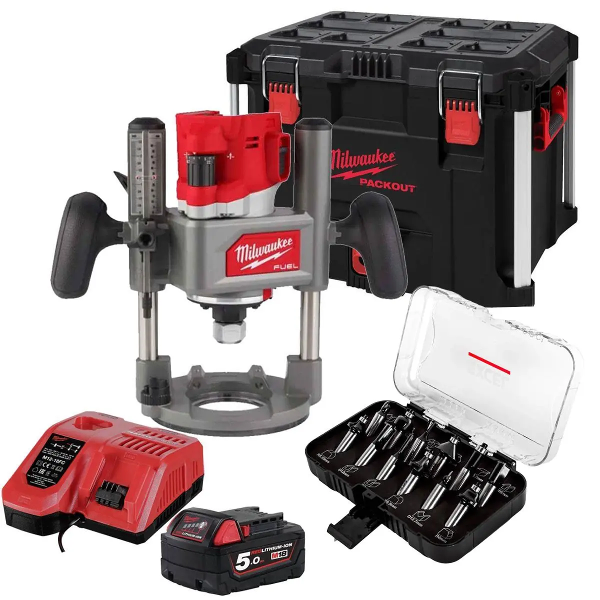 Milwaukee M18fr12kit 18V Fuel Brushless 1/2" Router Cutter With 1 X 5.0Ah Battery Charger Case & 12 Piece Cutter Set 1