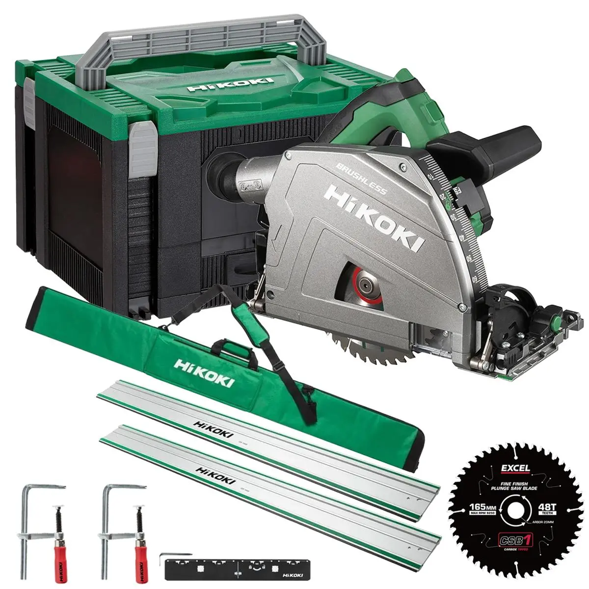 Hikoki C3606dpaw2z 36V Multivolt Brushless 165Mm Plunge Saw Body Only With 2 X 1600Mm Guide Rail Kit & Blade 1