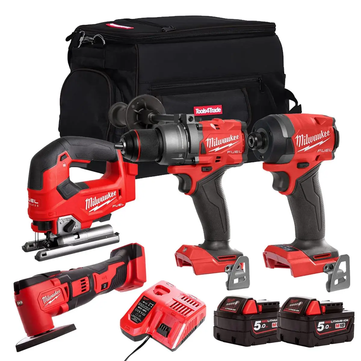Milwaukee M18fpp15z-502B 18V 4 Piece Power Tool Kit With 2 X 5.0Ah Batteries Charger & Bag 1