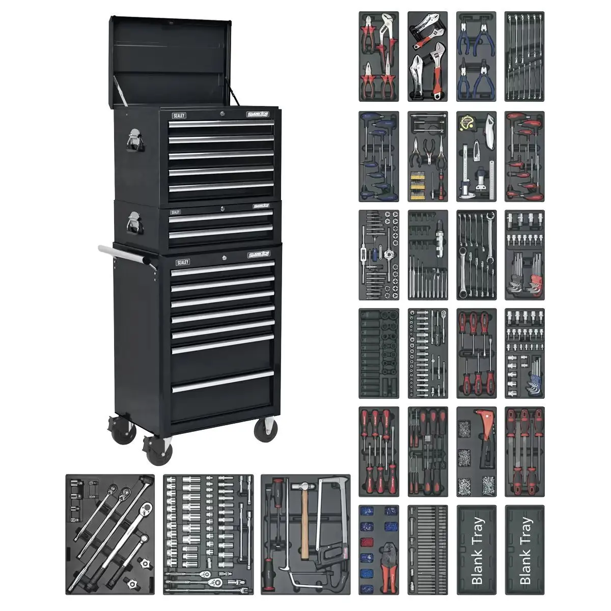 Sealey Sptcombo2 Tool Chest Combination 14 Drawer With Ball Bearing Slides Black & 1179Pc Tool Kit 1