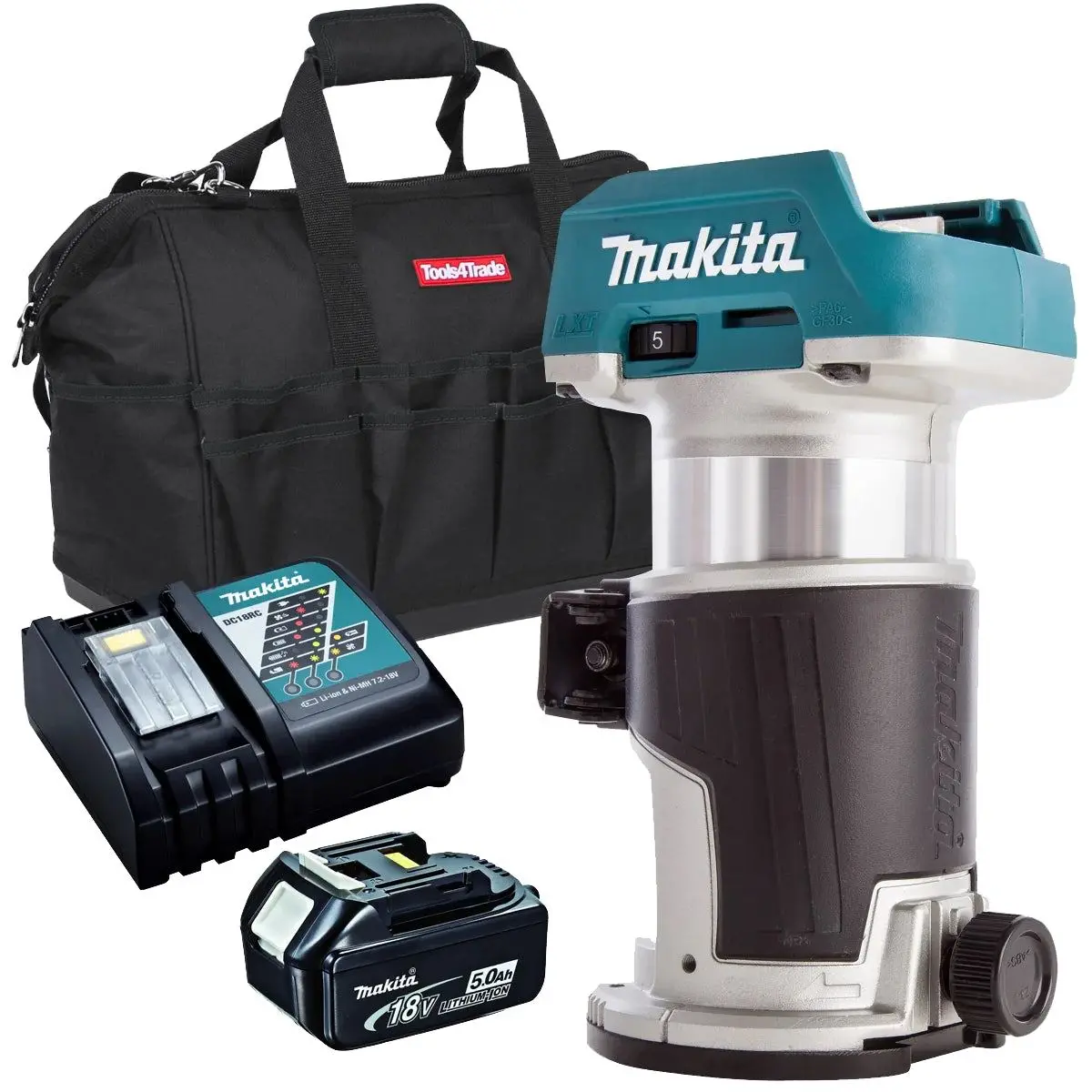 Makita Drt50z 18V Brushless Router Trimmer With 1 X 5.0Ah Battery Charger & Bag 1