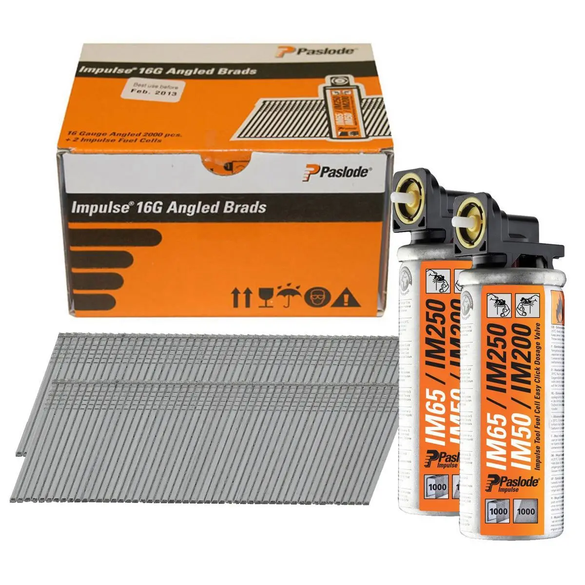 Paslode Im65a 63Mm 16 Gauge 2000 Angled Electro Galvanised Brad Nails With 2 Fuel Cells 300274 1