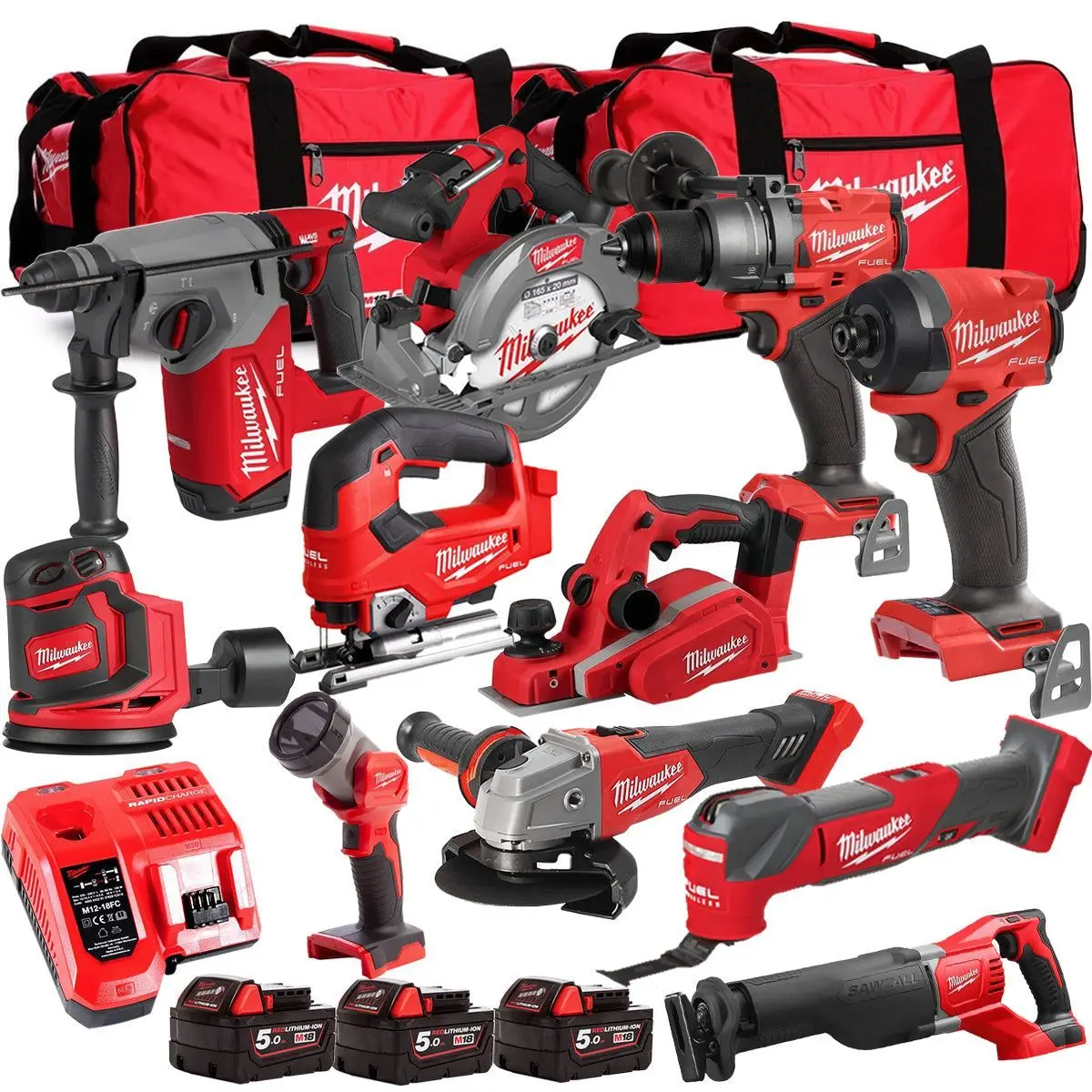 Milwaukee M18fpp6l3-503Bk26 18V 11 Piece Tool Kit With 3 X 5.0Ah Batteries Charger & Wheeled Bag 1