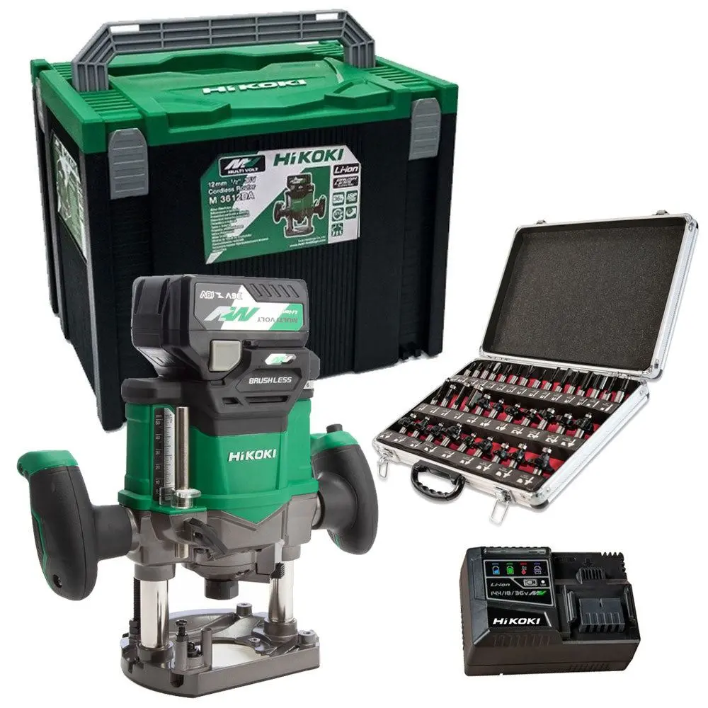 Hikoki M3612dajpz 36V Brushless Router 2.5Ah Battery Charger With 1/2" 35 Piece Cutter Set 1