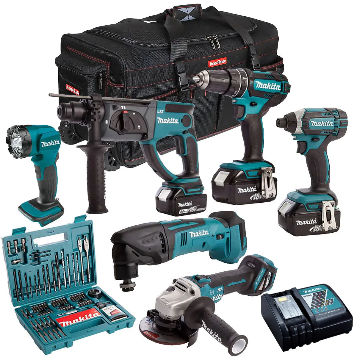 Makita 18V 6 Piece Cordless Kit With 3 X 5.0Ah Batteries & 100 Piece Bit Set T4tkit-17 1