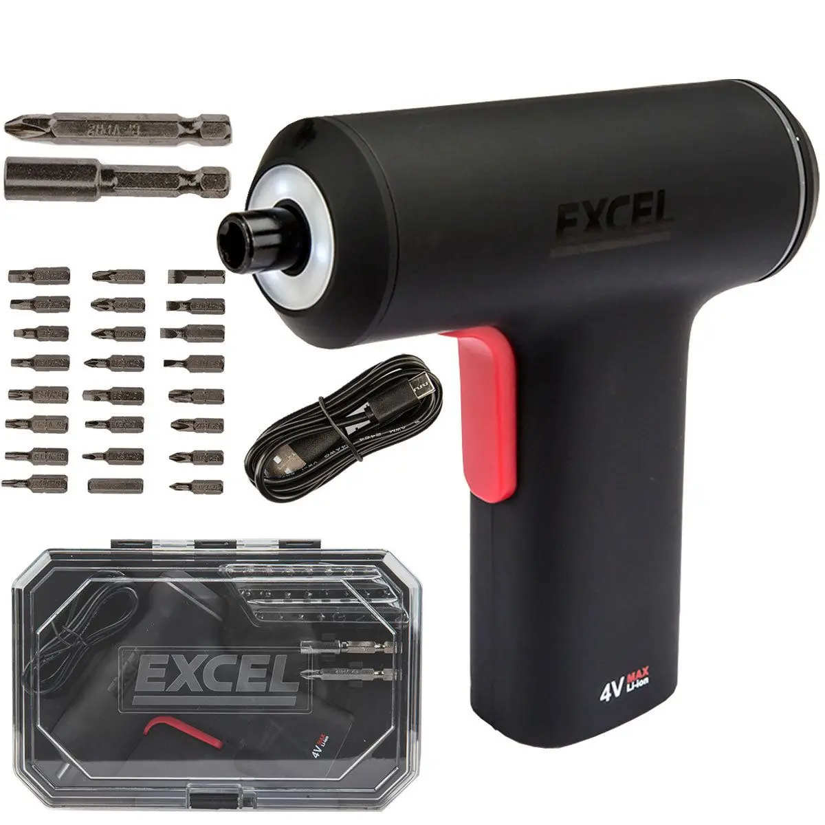 Excel Cordless Electric Screwdriver With 24 Piece 25Mm Bits In Plastic Box 1