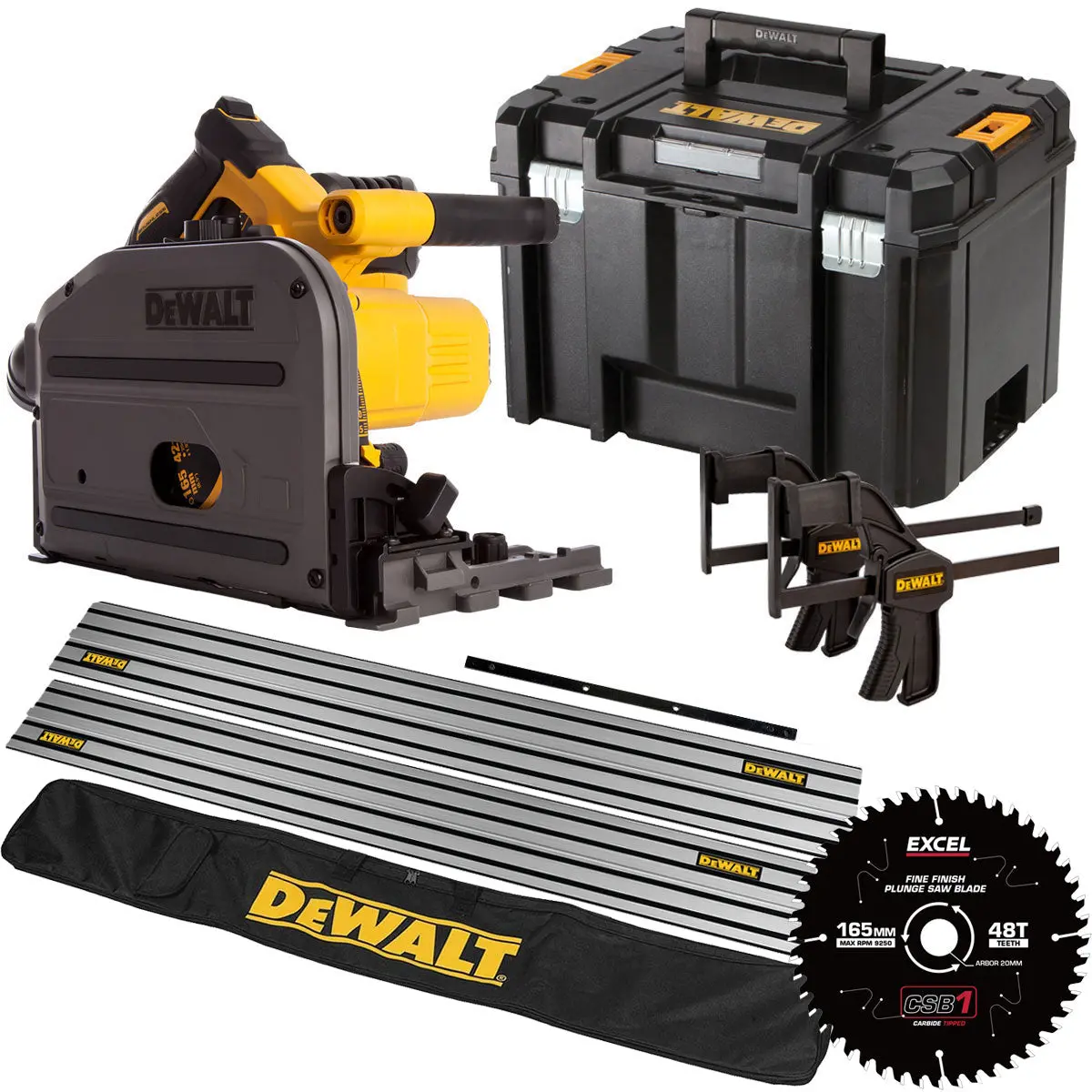 Dewalt Dcs520nt 54V Xr Flexvolt Brushless 165Mm Plunge Saw 2 X 1.5M Guide Rail Clamps With Blade & Case + Rail Bag 1