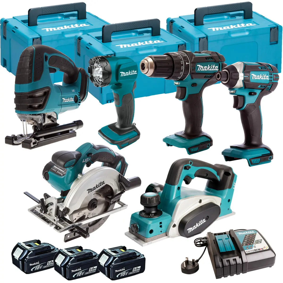 Makita 6 Piece Kit 18V Li-Ion With 3 X 5.0Ah Batteries Charger T4tkit-96 1