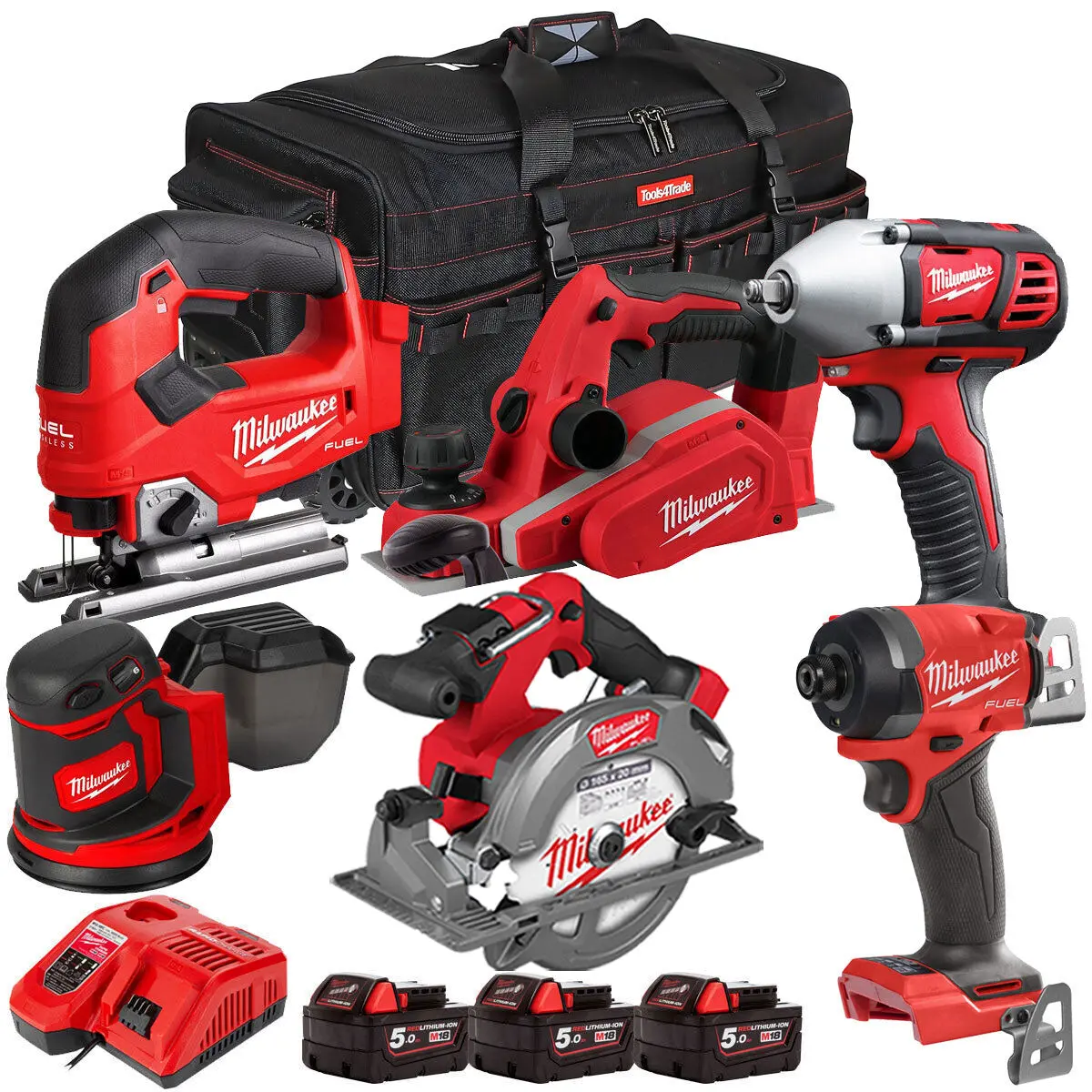 Milwaukee 18V Cordless 6 Piece Tool Kit With 3 X 5.0Ah Batteries & Smart Charger In Bag 1