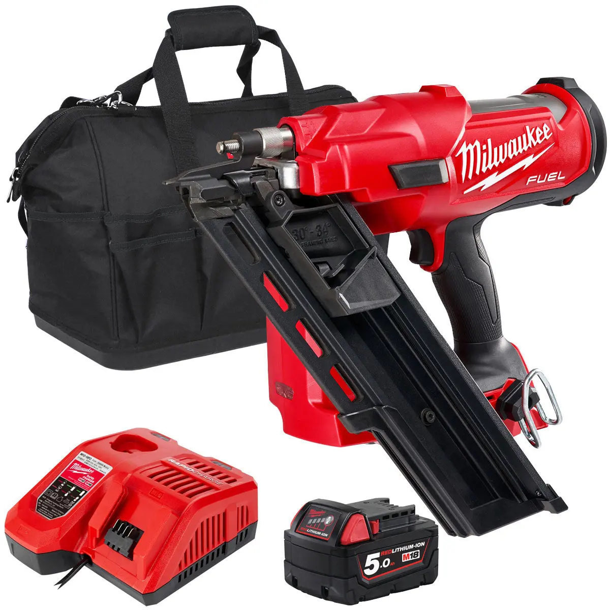 Milwaukee M18ffn 18V Fuel Brushless First Fix Framing Nailer With 1 X 5.0Ah Battery, Charger & Bag 1