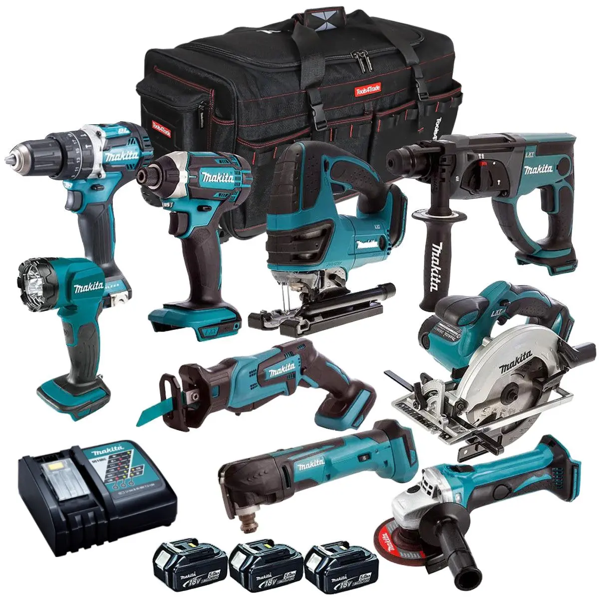 Makita 18V 9 Piece Power Tool Kit With 3 X 5.0Ah Batteries With Charger & Bag T4tkit-12997 1