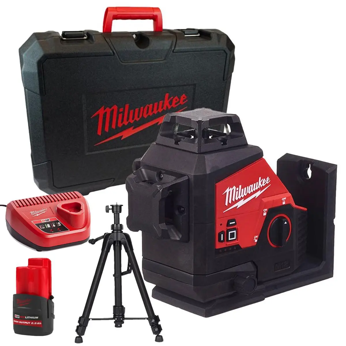 Milwaukee M123pl-0C 12V 360° 3-Plane Green Laser With 1 X 2.5Ah Battery Charger Case & Laser Tripod 1