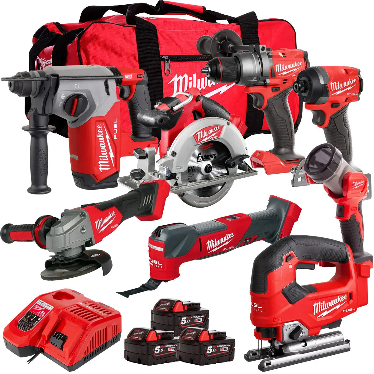 Milwaukee 18V Cordless 8 Piece Tool Kit With 3 X 5.0Ah Batteries & Charger In Bag T4tm-2 1