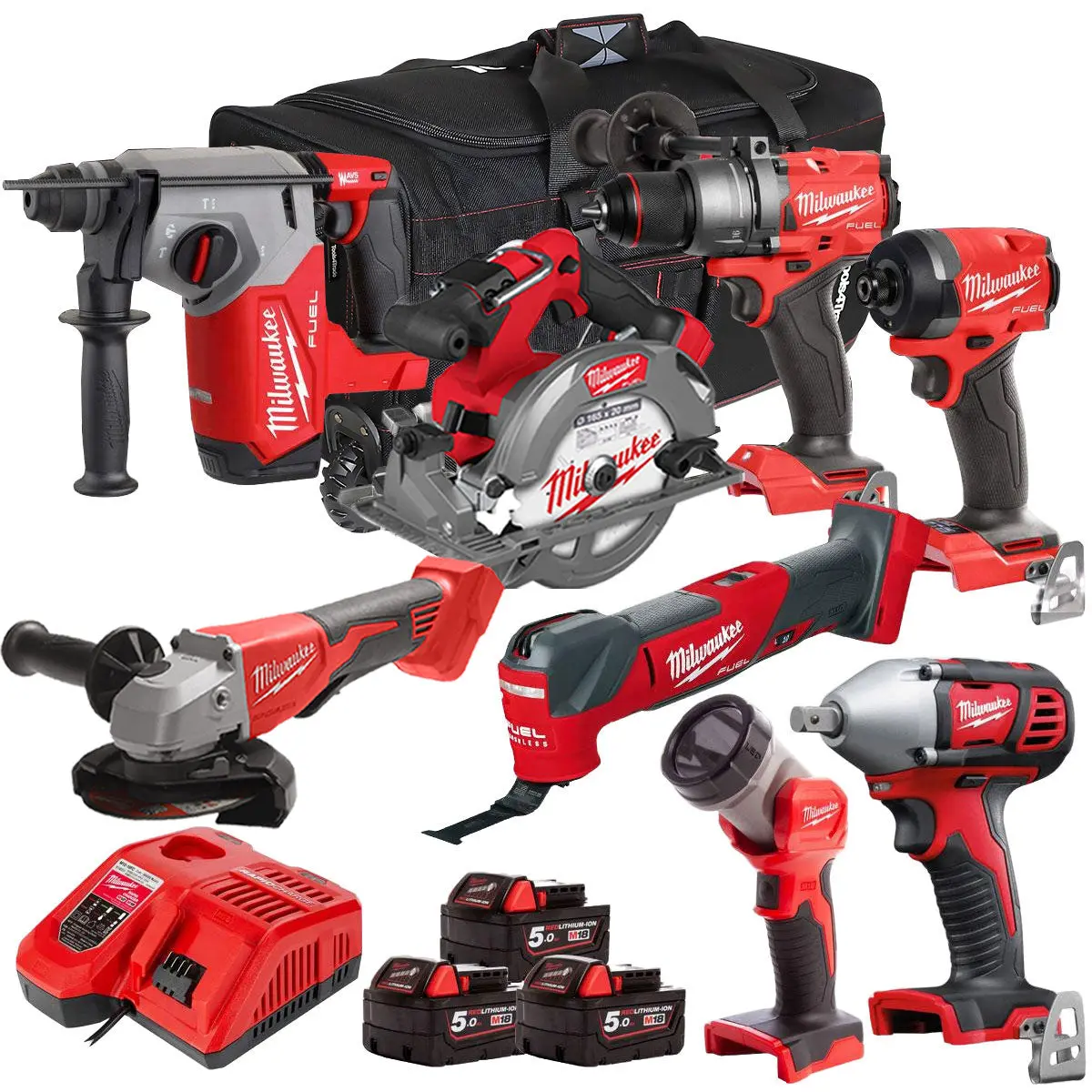 Milwaukee 18V Cordless 8 Piece Tool Kit With 3 X 5.0Ah Batteries & Charger In Bag T4tm-4 1