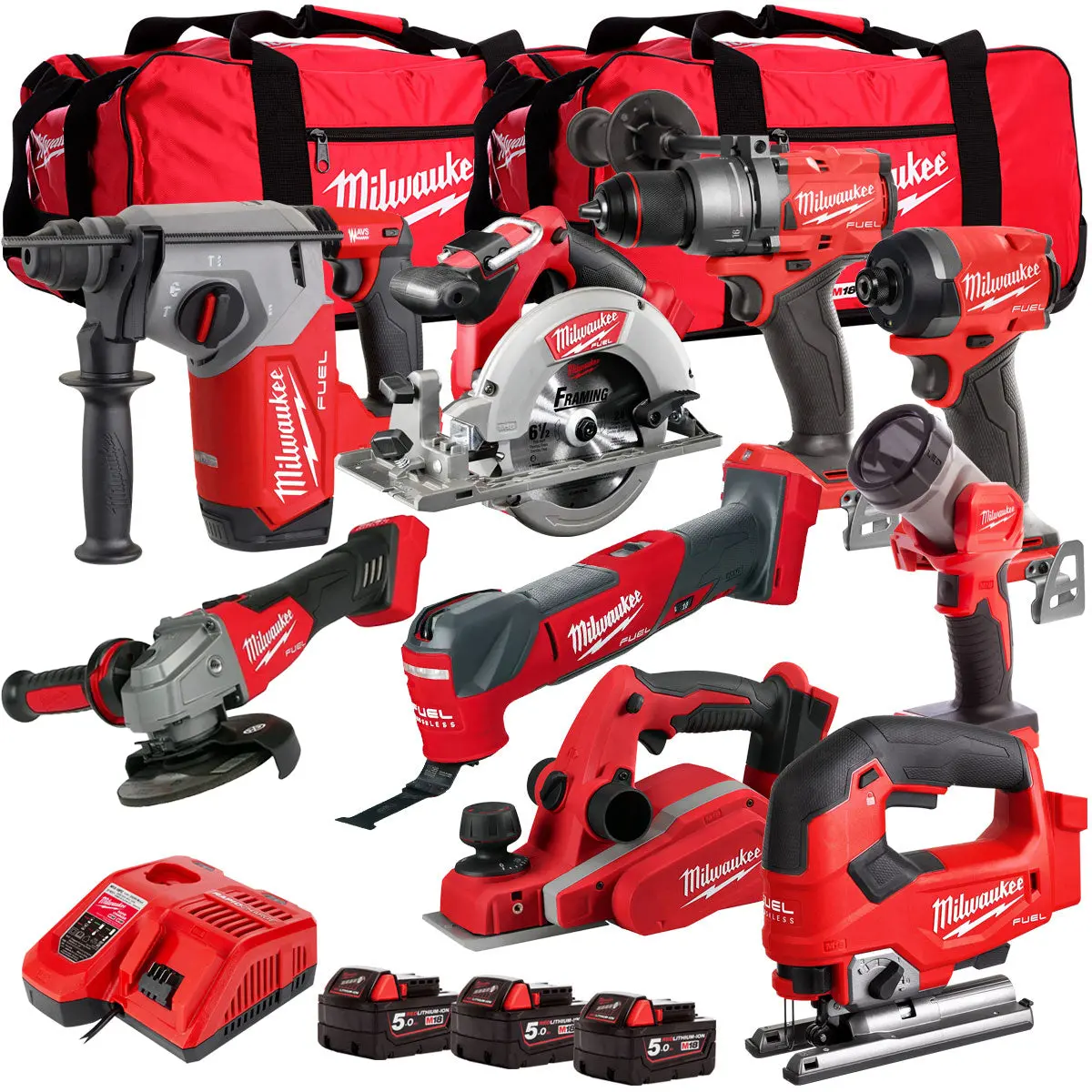 Milwaukee 18V Cordless 9 Piece Tool Kit With 3 X 5.0Ah Batteries & Charger In Bag T4tm-5 1