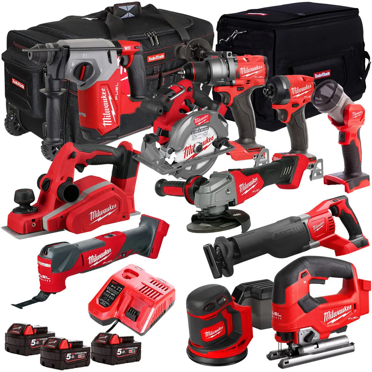 Milwaukee 18V Cordless 11 Piece Tool Kit With 3 X 5.0Ah Batteries & Charger In Bag T4tm-9 1