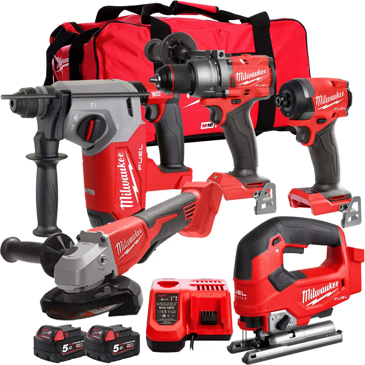 Milwaukee 18V Cordless 5 Piece Tool Kit With 2 X 5.0Ah Batteries & Charger In Bag T4tm-14 1