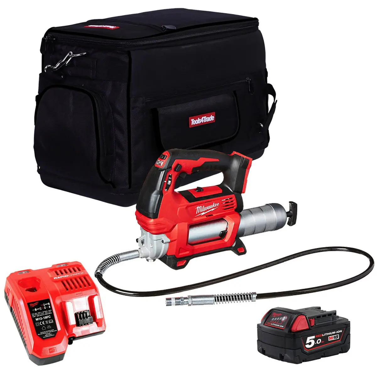 Milwaukee M18gg-0 18V Cordless Grease Gun 1 X 5.0Ah Battery Charger & Tool Bag 1